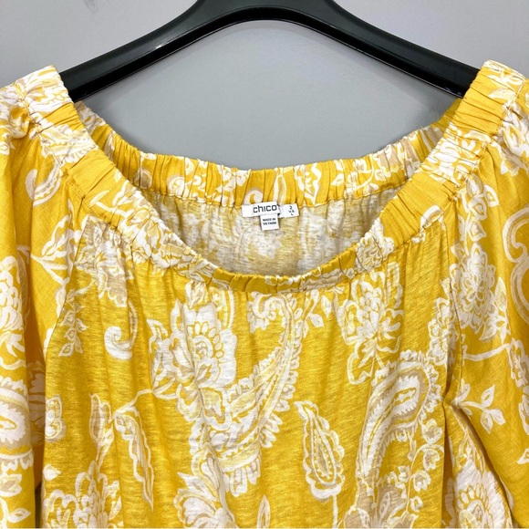 Chico’s Linen Paisley Off-Shoulder Top Women’s Size L Lightweight Boho Yellow - Picture 4 of 11